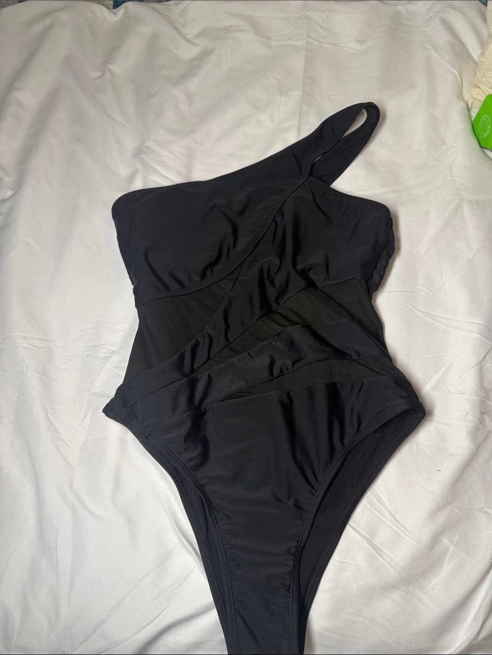 One-Shoulder Black Cutout mesh Swimsuit small